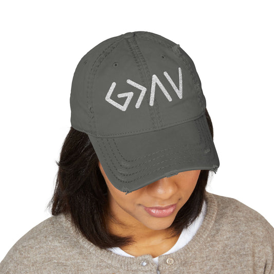 God is Greater Than the Highs and Lows - Embroidered Destressed Hat