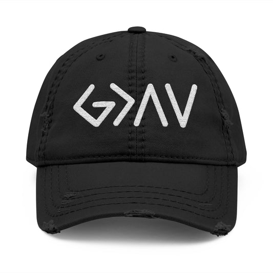 God is Greater Than the Highs and Lows - Embroidered Destressed Hat